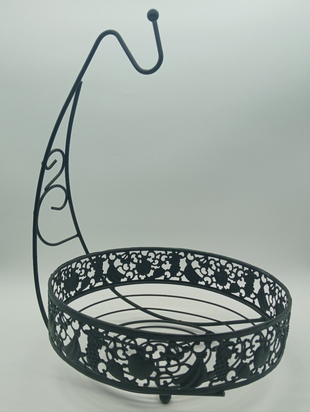 Ornate Fruit Basket with Banana Tree Hanger | Round Metal Fruit Storage Bowl